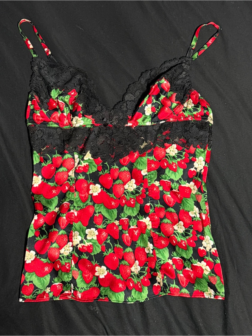 Dolce and Gabbana Lace-Trim Strawberry Print Cami Top - Black/Red